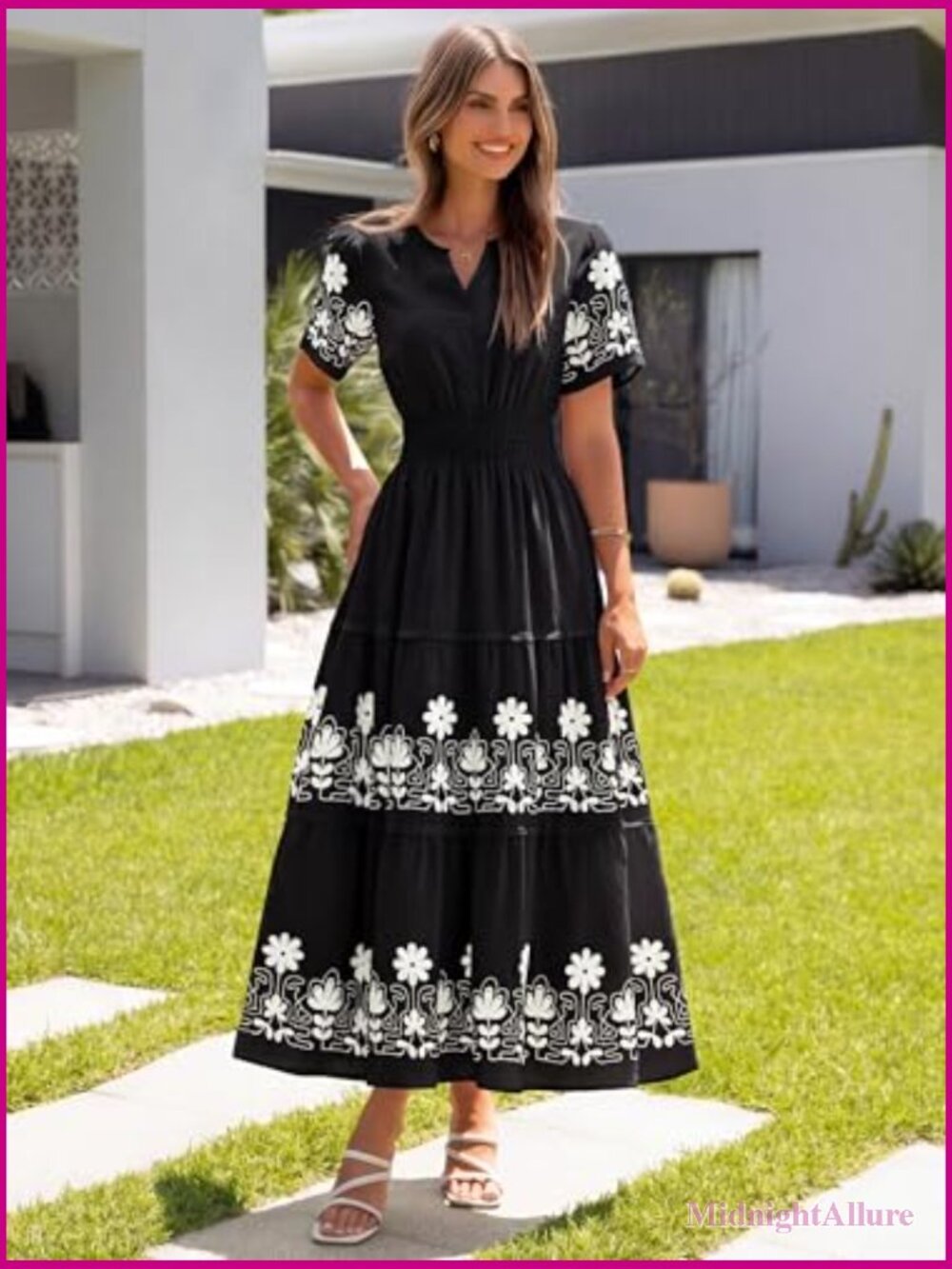 V Neck Short Sleeve Floral Maxi Dress with Smocked Waist Tiered Skirt - Picture 6 of 7